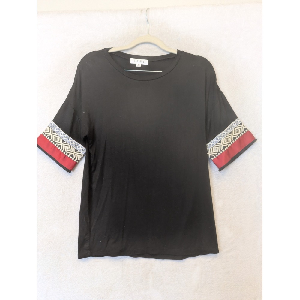 THML T-Shirt Women's XS Black Short Sleeve Embroidered Boho